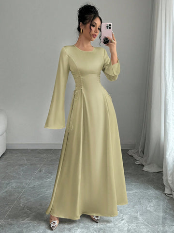 Elegant Color A-Line Waist Cinched Flare Sleeve Dress