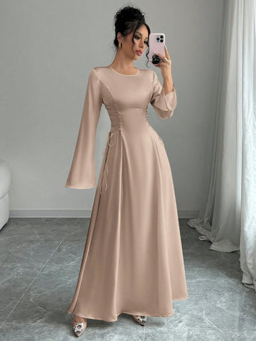Elegant Color A-Line Waist Cinched Flare Sleeve Dress