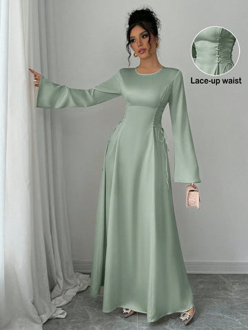 Elegant Color A-Line Waist Cinched Flare Sleeve Dress