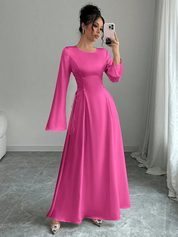 Elegant Color A-Line Waist Cinched Flare Sleeve Dress