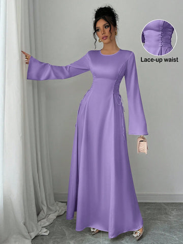 Elegant Color A-Line Waist Cinched Flare Sleeve Dress