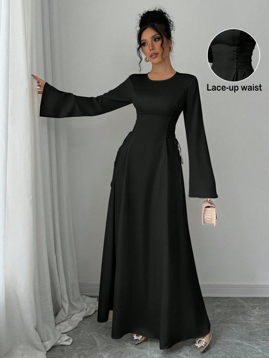 Elegant Color A-Line Waist Cinched Flare Sleeve Dress