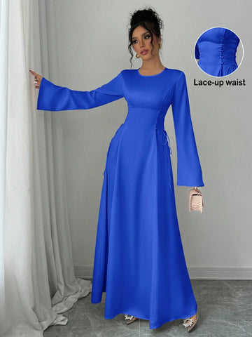 Elegant Color A-Line Waist Cinched Flare Sleeve Dress