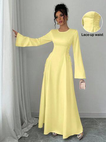 Elegant Color A-Line Waist Cinched Flare Sleeve Dress