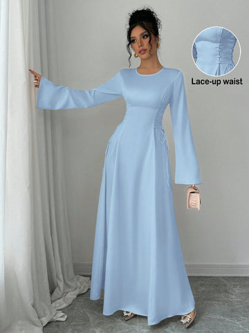 Elegant Color A-Line Waist Cinched Flare Sleeve Dress