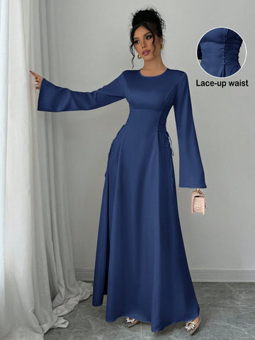 Elegant Color A-Line Waist Cinched Flare Sleeve Dress