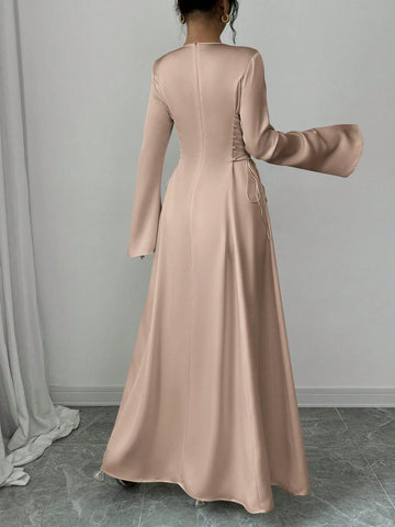 Elegant Color A-Line Waist Cinched Flare Sleeve Dress