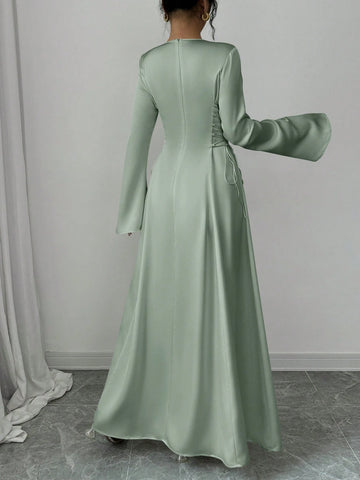 Elegant Color A-Line Waist Cinched Flare Sleeve Dress