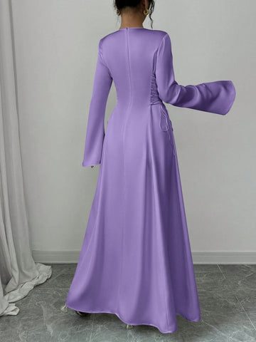 Elegant Color A-Line Waist Cinched Flare Sleeve Dress