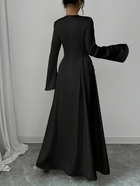 Elegant Color A-Line Waist Cinched Flare Sleeve Dress