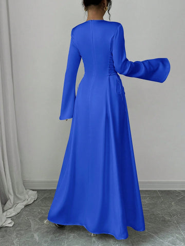 Elegant Color A-Line Waist Cinched Flare Sleeve Dress