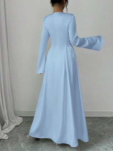 Elegant Color A-Line Waist Cinched Flare Sleeve Dress