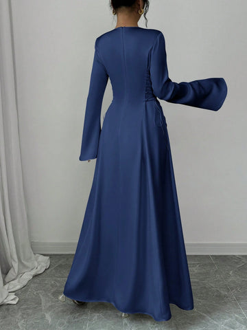 Elegant Color A-Line Waist Cinched Flare Sleeve Dress