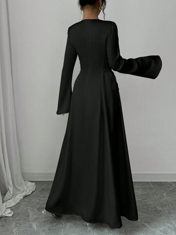 Elegant Color A-Line Waist Cinched Flare Sleeve Dress