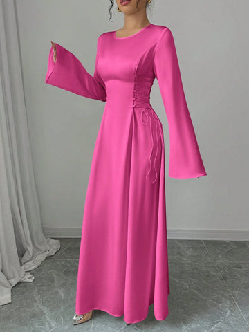 Elegant Color A-Line Waist Cinched Flare Sleeve Dress