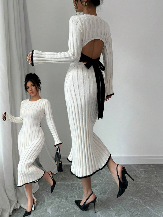 Elegant Backless Tie-Up Bow Knitted Dress