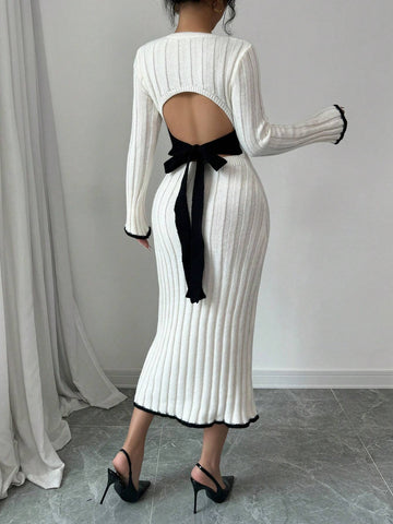 Elegant Backless Tie-Up Bow Knitted Dress