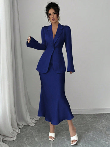 Elenzga 1 Set Solid Color Single Button Long Sleeve Blazer And A-Line Skirt