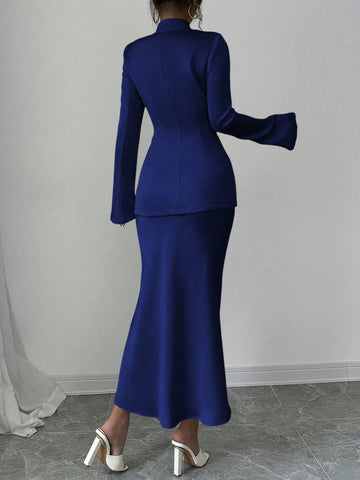 Elenzga 1 Set Solid Color Single Button Long Sleeve Blazer And A-Line Skirt