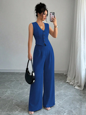 Elenzga Casual Minimalist Solid Color Sleeveless Blazer & Pants Suit Set