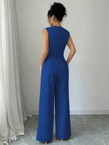 Elenzga Casual Minimalist Solid Color Sleeveless Blazer & Pants Suit Set