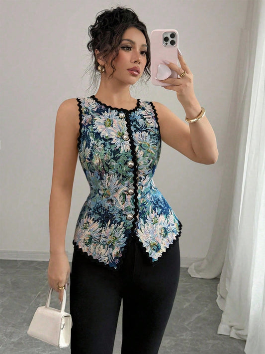 Women's Elegant Contrast Color Lace Patchwork Waist Cardigan Vest