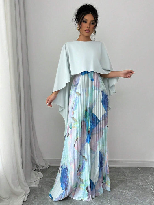 Elenzga Elegant Romantic Print Patchwork Pleated Hem Dress
