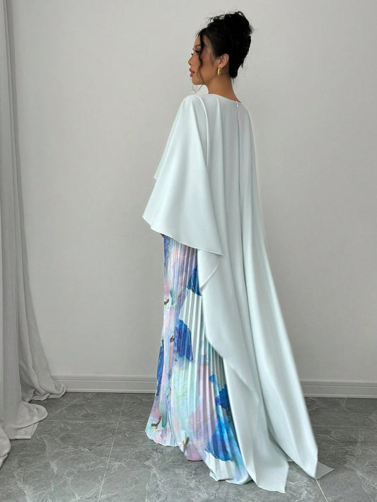 Elenzga Elegant Romantic Print Patchwork Pleated Hem Dress