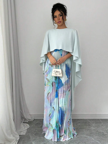 Elenzga Elegant Romantic Print Patchwork Pleated Hem Dress
