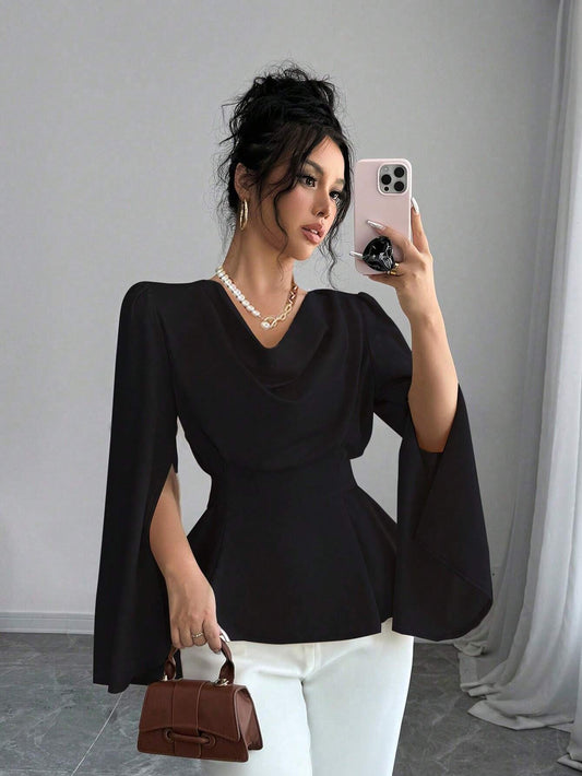 Elenzga Elegant Solid Color Draped Collar Poncho Black Blouse