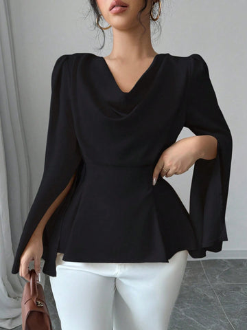 Elenzga Elegant Solid Color Draped Collar Poncho Black Blouse