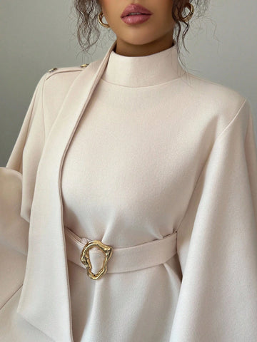 Women's Fashionable Elegant Solid Color Asymmetrical Metal Buckle Jacket