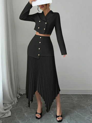2pcs/Set Women Blazer Collar Gathered Waistline Button-Up Pleated Asymmetrical Elegant Outfit