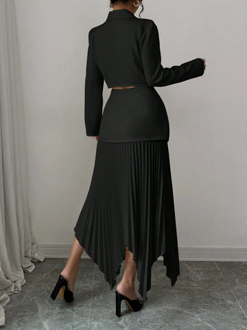 2pcs/Set Women Blazer Collar Gathered Waistline Button-Up Pleated Asymmetrical Elegant Outfit