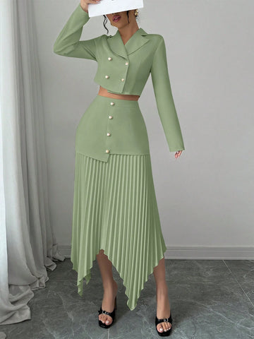 2pcs/Set Women Blazer Collar Gathered Waistline Button-Up Pleated Asymmetrical Elegant Outfit
