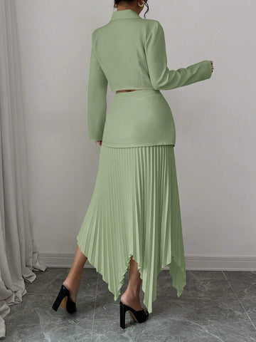 2pcs/Set Women Blazer Collar Gathered Waistline Button-Up Pleated Asymmetrical Elegant Outfit