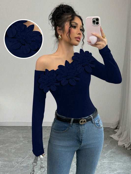 Elenzga Foldover Shoulder Floral Decor Fitted Long Sleeve Women T-Shirt