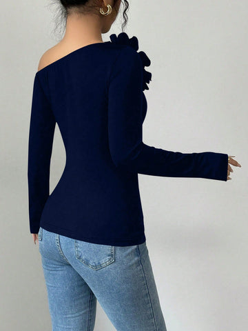 Elenzga Foldover Shoulder Floral Decor Fitted Long Sleeve Women T-Shirt