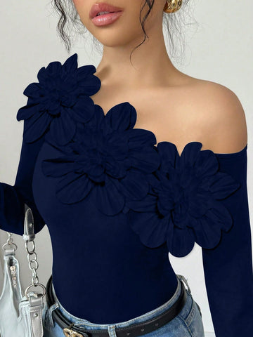 Elenzga Foldover Shoulder Floral Decor Fitted Long Sleeve Women T-Shirt