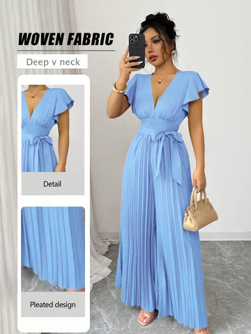Women V-Neck Flared Ruffle Sleeve Pleated Wide Leg Romper