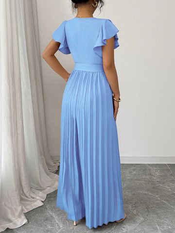 Women V-Neck Flared Ruffle Sleeve Pleated Wide Leg Romper