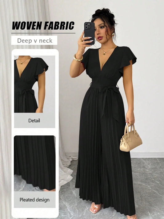 Women V-Neck Flared Ruffle Sleeve Pleated Wide Leg Romper
