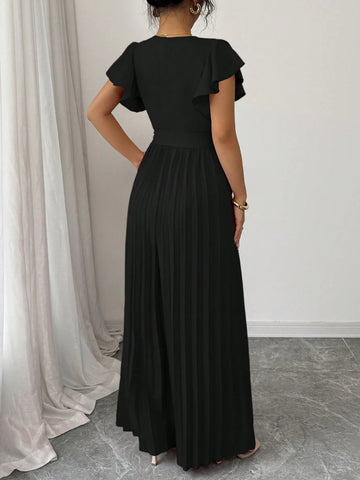 Women V-Neck Flared Ruffle Sleeve Pleated Wide Leg Romper