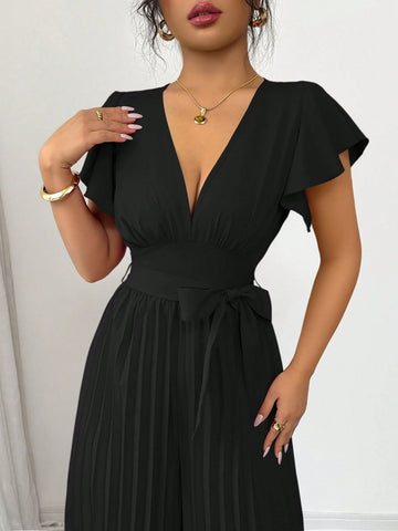 Women V-Neck Flared Ruffle Sleeve Pleated Wide Leg Romper