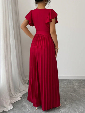 Women V-Neck Flared Ruffle Sleeve Pleated Wide Leg Romper