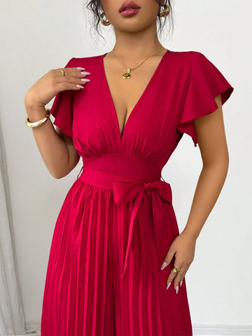 Women V-Neck Flared Ruffle Sleeve Pleated Wide Leg Romper
