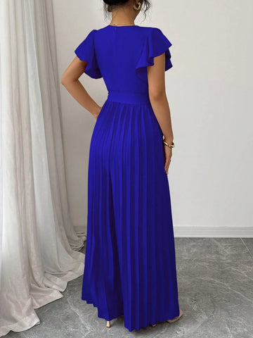 Women V-Neck Flared Ruffle Sleeve Pleated Wide Leg Romper