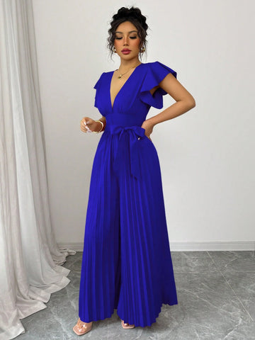 Women V-Neck Flared Ruffle Sleeve Pleated Wide Leg Romper