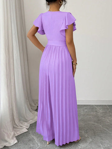 Women V-Neck Flared Ruffle Sleeve Pleated Wide Leg Romper