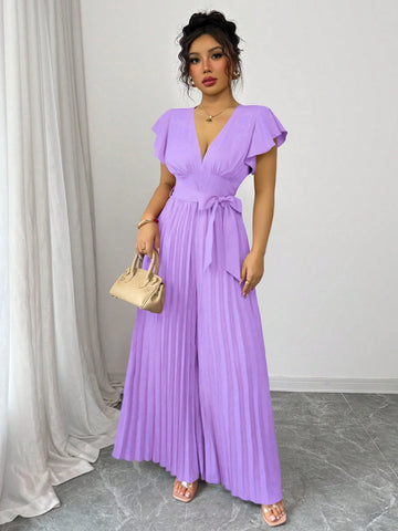 Women V-Neck Flared Ruffle Sleeve Pleated Wide Leg Romper
